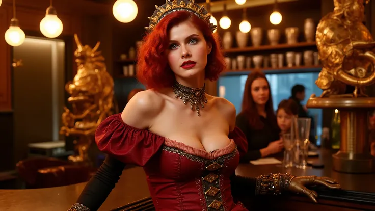 A DSLR photorealistic image of a gorgeous 21-year-old Lituvian girl with delicate Nordic features. (natural breasts)(deep cleavage)She has smokey eye makeup. She has short ginger curly hair and deep green eyes,her glossy, wet-look lipstick enhances her ...