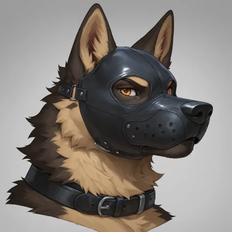 Furry, 1boy, highly detailed, breathtaking, male only, 18+, headshot, pup mask, german shepherd, white background, looking at viewer, leather collar
