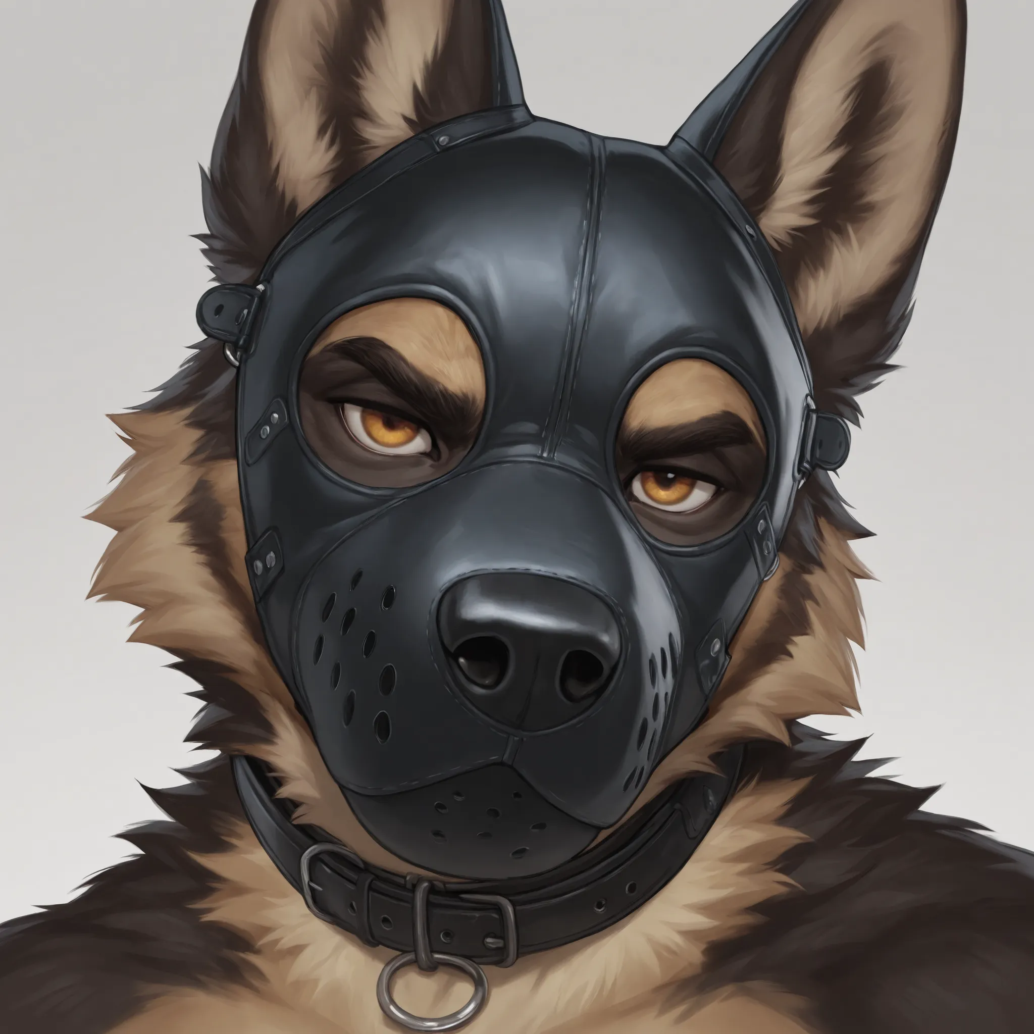 Furry, 1boy, highly detailed, breathtaking, male only, 18+, headshot, pup mask, german shepherd, white background, looking at viewer, leather collar