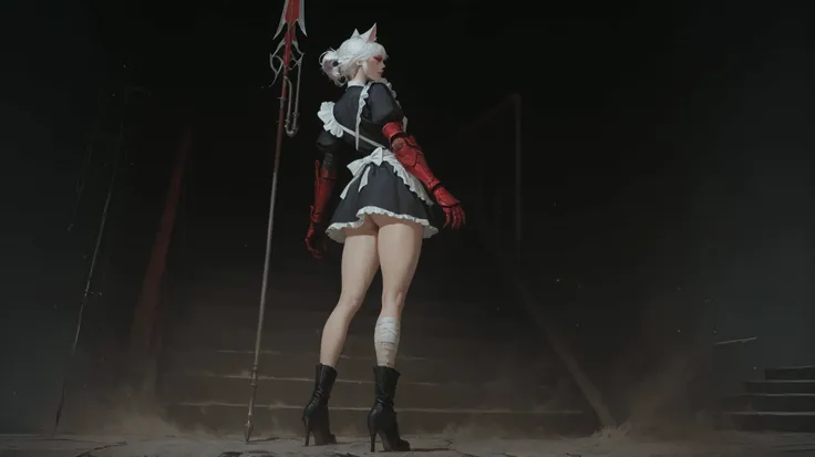 A beautiful girl with cat ears, short white hair, with a long side fringe, ojos rojos, sharp eye, beautiful skin, extremely nice body, ,((pretty face)),  alone, Alone,A maid's uniform, short skirts, (maid) , (A large red gauntlet on the right arm), (left a...
