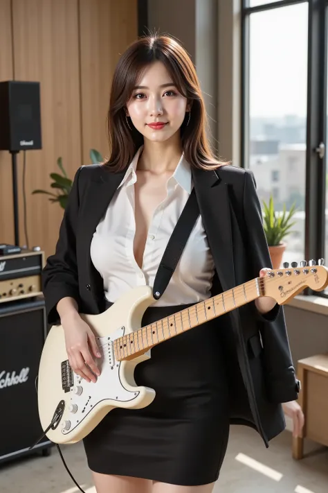 firm and big breasts, cleavage, medium-framed portrait shot from head to mid-thigh of a realistic adult woman with her full head and shoulders fully visible, standing in a modern music rehearsal studio with a large industrial steel-framed window behind rev...