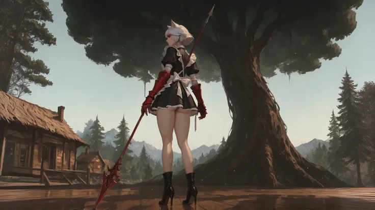 A beautiful girl with cat ears, short white hair, with a long side fringe, ojos rojos, sharp eye, beautiful skin, extremely nice body, ,((pretty face)),  alone, Alone,A maid's uniform, short skirts, (maid) , (A large red gauntlet on the right arm), (left a...