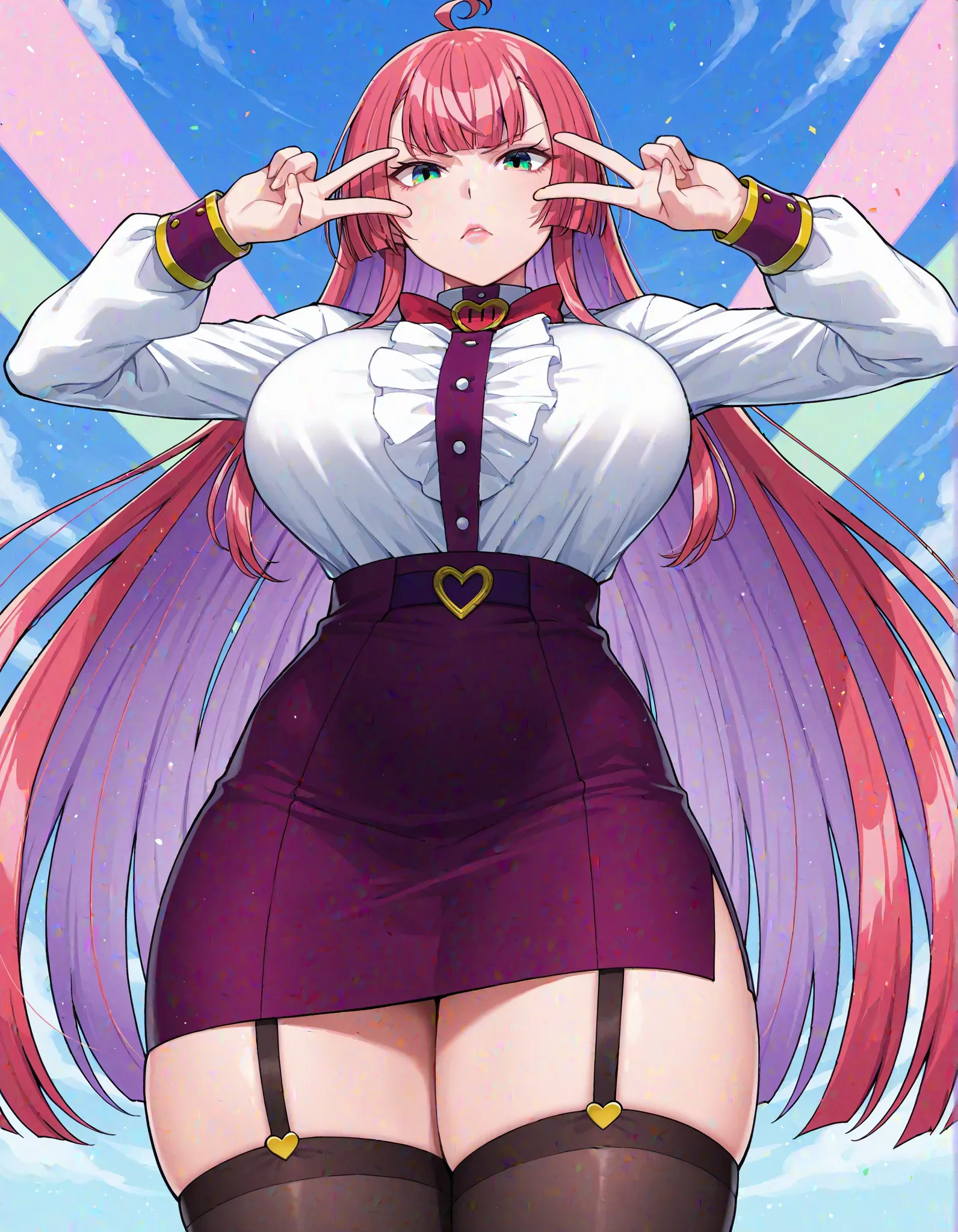 1girl, solo, mitsumoto dia, pink hair, long hair, ahoge, blunt bangs, green eyes, lips, v-shaped eyebrows, large breasts, thick thighs, white shirt, center frilles, red bow, purple skirt, pencil skirt, black thighhighs, garter straps, double v, v over eyes, looking at viewer, blue sky, light theme 