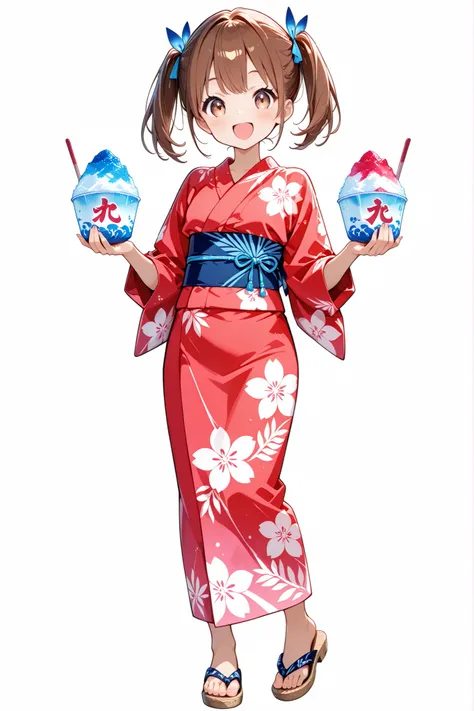 chibi style woman enjoying shaved ice in summer festival, happy face, flat bust, full body in frame, transparent background, twin tails, yukata and sandals