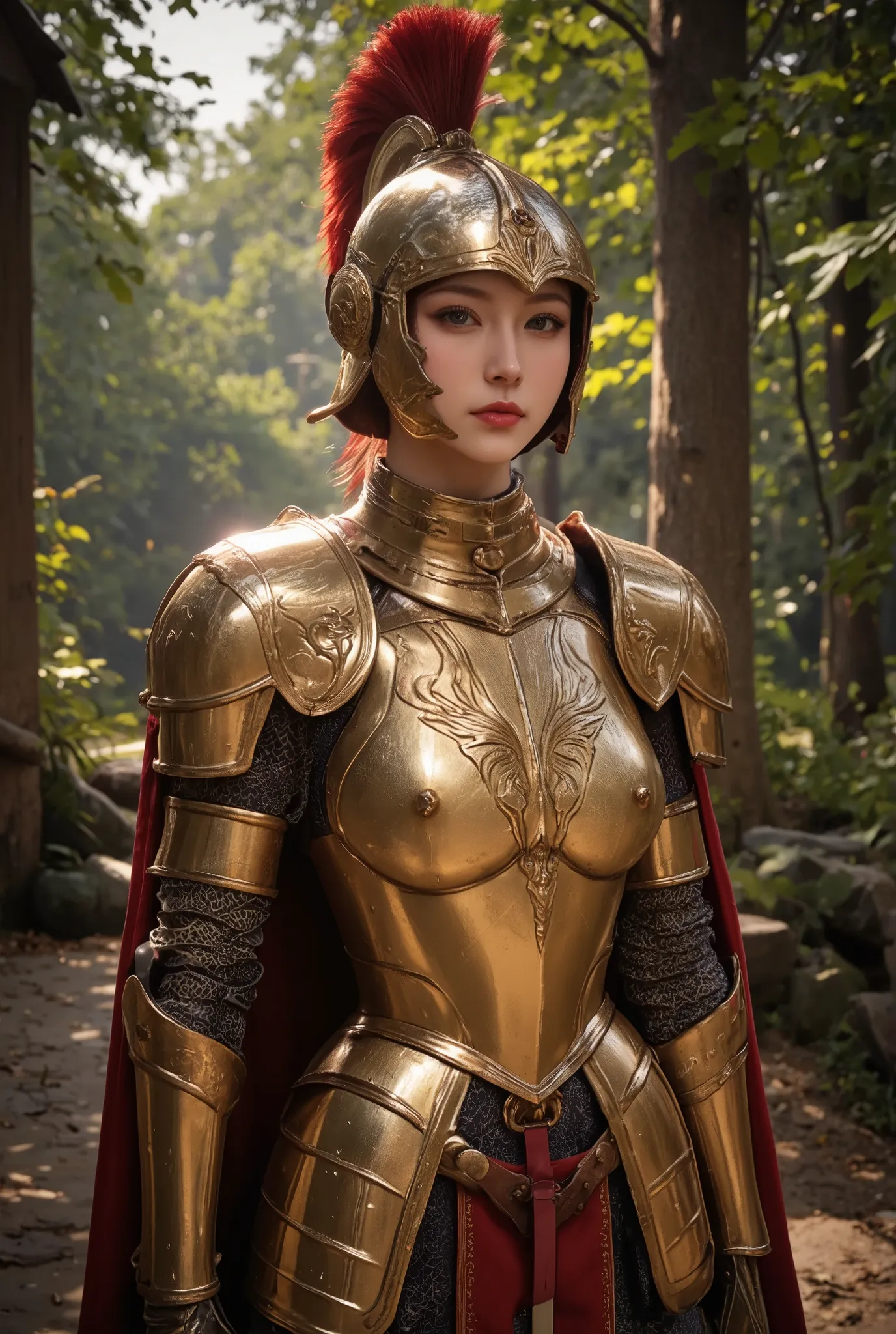Women like Joan of Arc、Knights, golden armour,Gold Armor,With a sword and shield,Royal style,Comic style, , Sub-surface scattering, ornate detail, nature backdrop, Hyper-realistic, Cinematic, Dramatic Lighting, masutepiece、Armor and helmet with wolf motif、...
