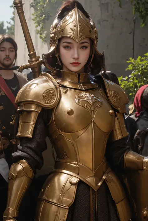 Women like Joan of Arc、Knights, golden armour,Gold Armor,With a sword and shield,Royal style,Comic style, , Sub-surface scattering, ornate detail, nature backdrop, Hyper-realistic, Cinematic, Dramatic Lighting, masutepiece、Armor and helmet with wolf motif、...