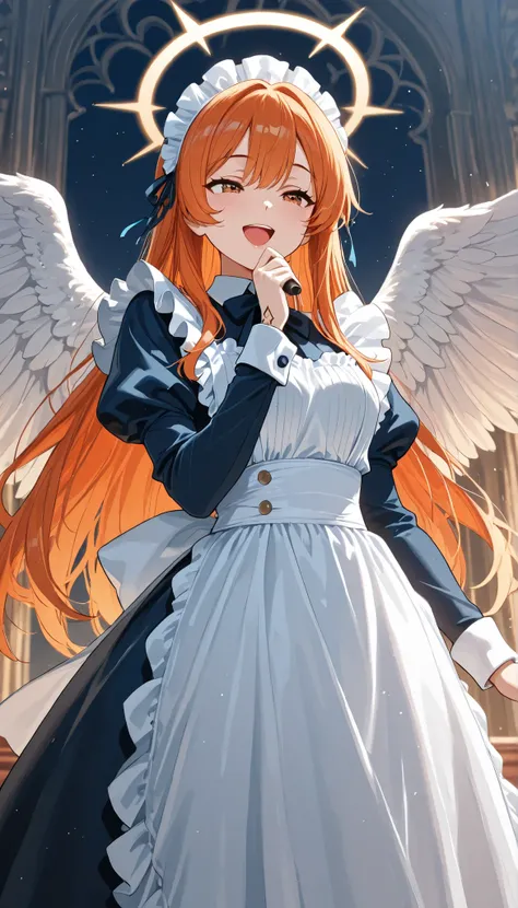 (((Best quality, 8k, Masterpiece: 1.3)), ((best quality)), ((masterpiece)), (detailed), perfect face, A maid girl with long orange hair, she looks at me, smile, A blue maid costume with frills. She serves at the royal court, high resolution, Textured skin,...