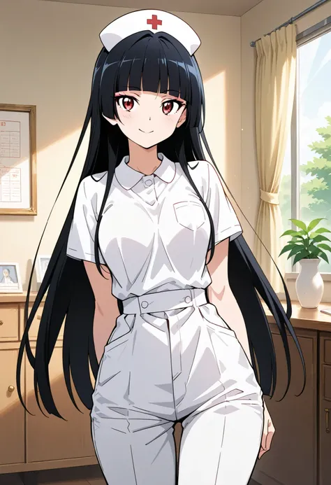 Highest Quality, details, high resolution, 8k, 超high resolution, shot from the front、(anime illustration style:1.2),Standing、1 girl on break day, solo、Rory Mercury、(perfect eye side by side),long hair, black hair, red eyes, bungs, blunt bungs, princess cut...