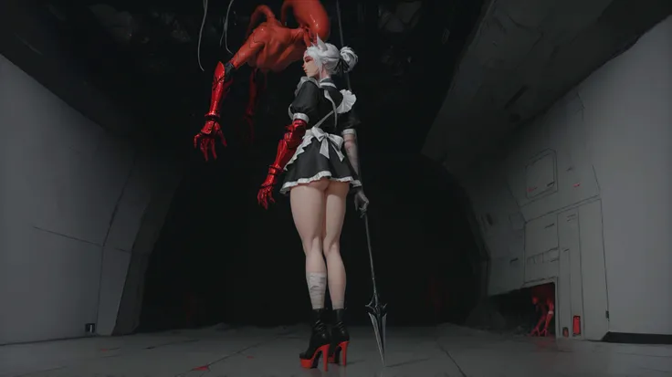 A beautiful girl with cat ears, short white hair, with a long side fringe, ojos rojos, sharp eye, beautiful skin, extremely nice body, ,((pretty face)),  alone, Alone,A maid's uniform, short skirts, (maid) , (A big red gauntlet on the right arm), (left arm...