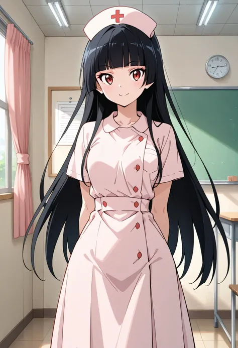Highest Quality, details, high resolution, 8k, 超high resolution, shot from the front、(anime illustration style:1.2),Standing、1 girl on break day, solo、Rory Mercury、(perfect eye side by side),long hair, black hair, red eyes, bungs, blunt bungs, princess cut...