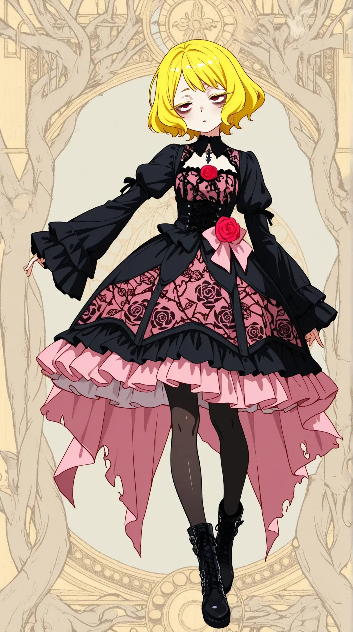 flat anime style , cute anime , 1 girl, gothic costume , yellow hair, dull bangs, Half-Open Eyes, bags under his eyes, full body, pink cloth, standing, , long lashes, black boots, black tights, full length, Rose pattern on the dress, background is a f...