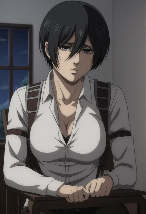 score_9, score_8_up, score_7_up, BREAK source_anime, mikasa ackrman, grey eyes, black hair, short hair, medium breasts,Mikasa wreanig black tight sport Elastic fiber bra and black loose military trousers,mikasa with good looking body,perfect lighting,mi...