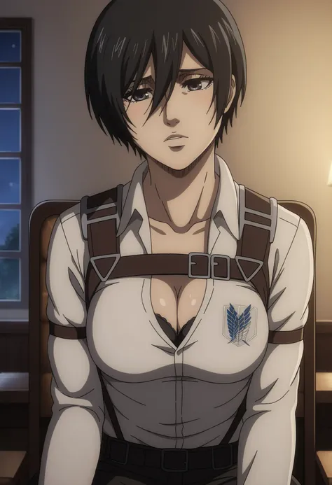 score_9, score_8_up, score_7_up, BREAK source_anime, mikasa ackrman, grey eyes, black hair, short hair, medium breasts,Mikasa wreanig black tight sport Elastic fiber bra and black loose military trousers,mikasa with good looking body,perfect lighting,mi...