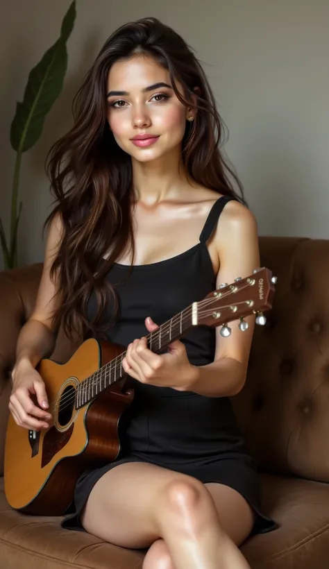 a beautiful girl in black mini skirt is sitting on sofa playing guitar look at camera