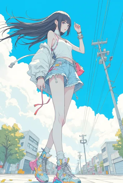 sf、flat anime、A slender high school girl with a small bust poses in a cool pose、spring、tank top、rash guard for men、miniskirt、black hair、long hair(Fluttering in the Wind、 shimmering in light )、Rugged Nike Technology Platform Sneakers、Extreme viewpoint、 Wide...