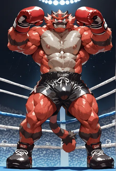 4K, masterpiece quality, pov_boxing, wildly Looking down on the losers, black boxing shoes, red boxing gloves, black boxing shorts with gold embrems, bulge, full body, depth of field, boxing, wildly posing with his chest out, fist pump pose with arms risin...
