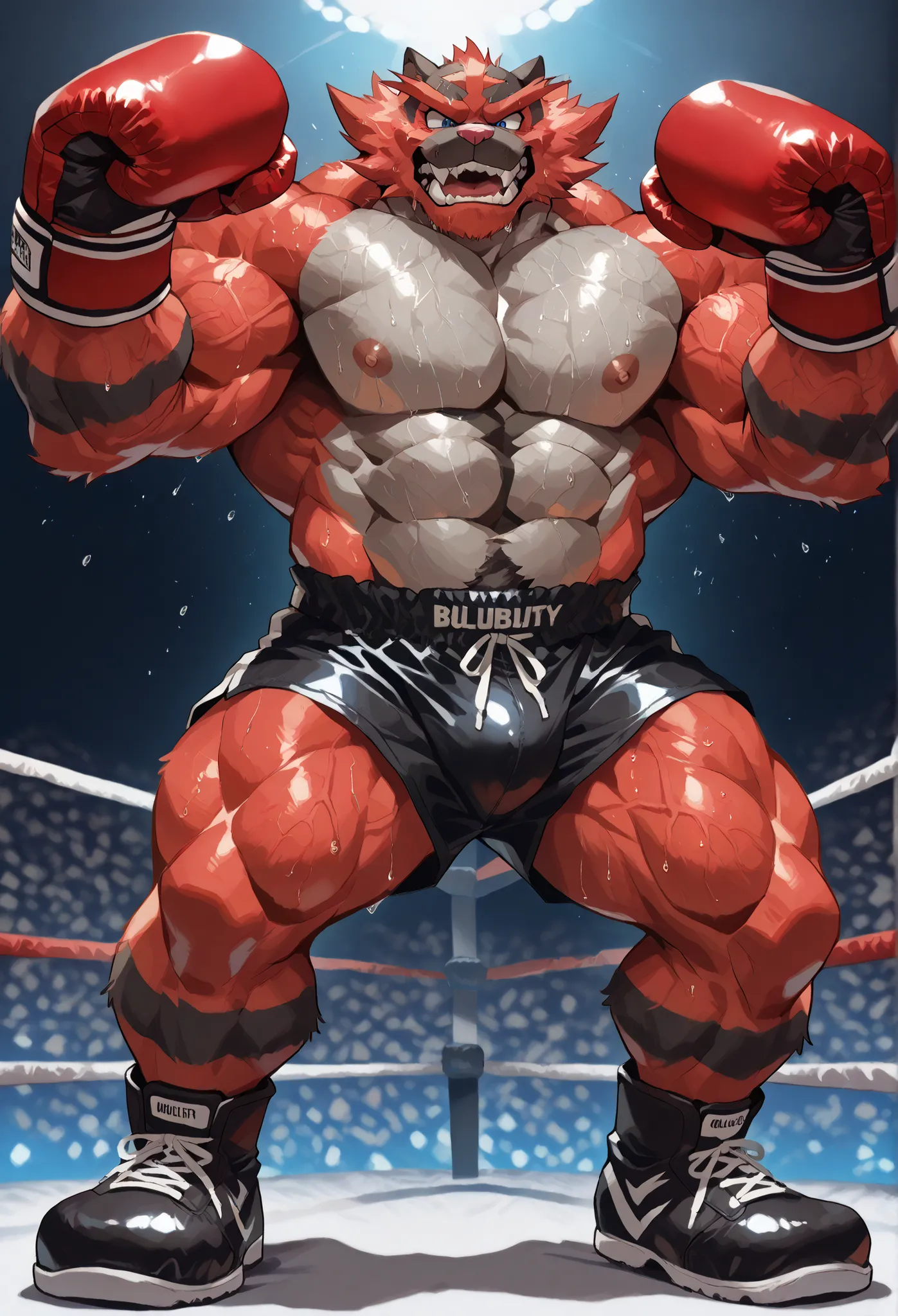 4K, masterpiece quality, pov_boxing, wildly Looking down on the losers, black boxing shoes, red boxing gloves, black boxing shorts with gold embrems, bulge, full body, depth of field, boxing, wildly posing with his chest out, fist pump pose with arms risin...