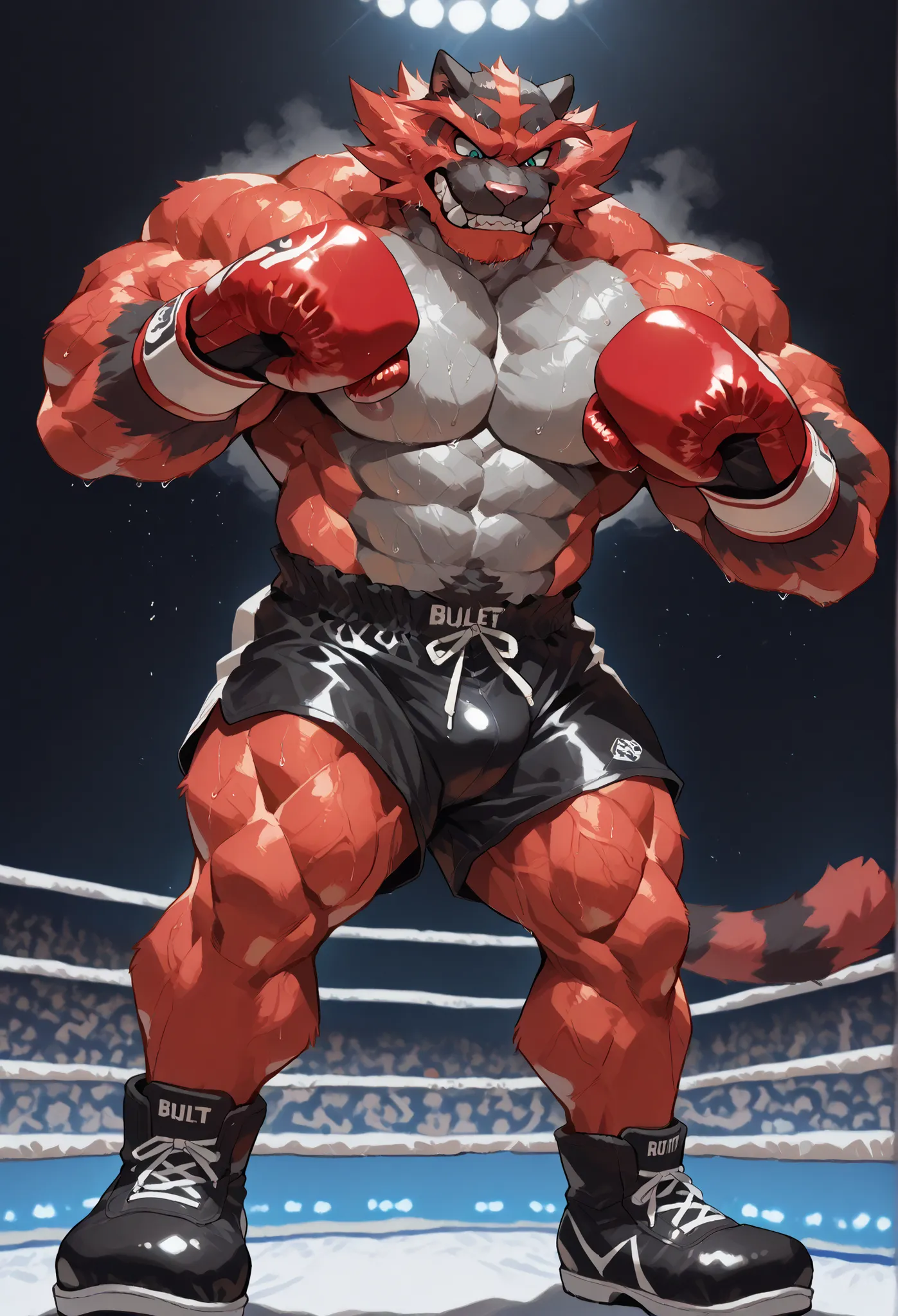 4K, masterpiece quality, pov_boxing, wildly Looking down on the losers, black boxing shoes, red boxing gloves, black boxing shorts with gold embrems, bulge, full body, depth of field, boxing, wildly posing with his chest out, fist pump pose with arms risin...