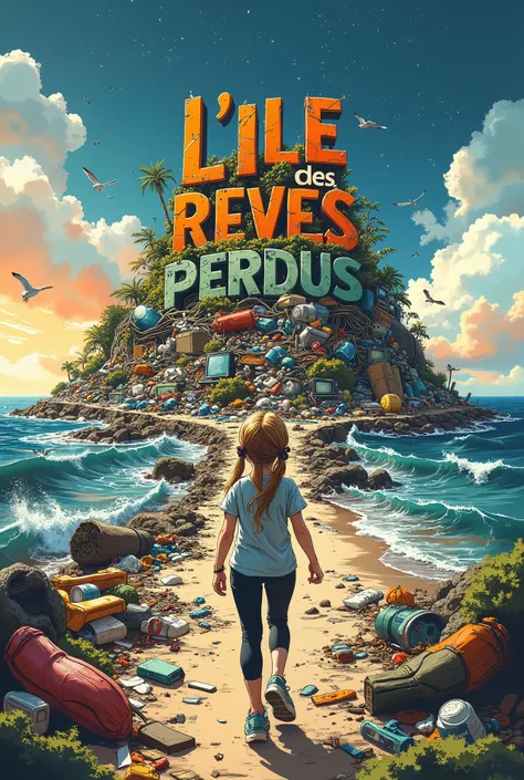 A whimsical, vibrant illustration featuring the title : “L'ILE des REVES PERDUS” made in recycled waste, garbage damaged letters in a grunge, gross, cartoon font, this title on top of a nasty polluted island hill of trash, a dirty ocean around filled with ...