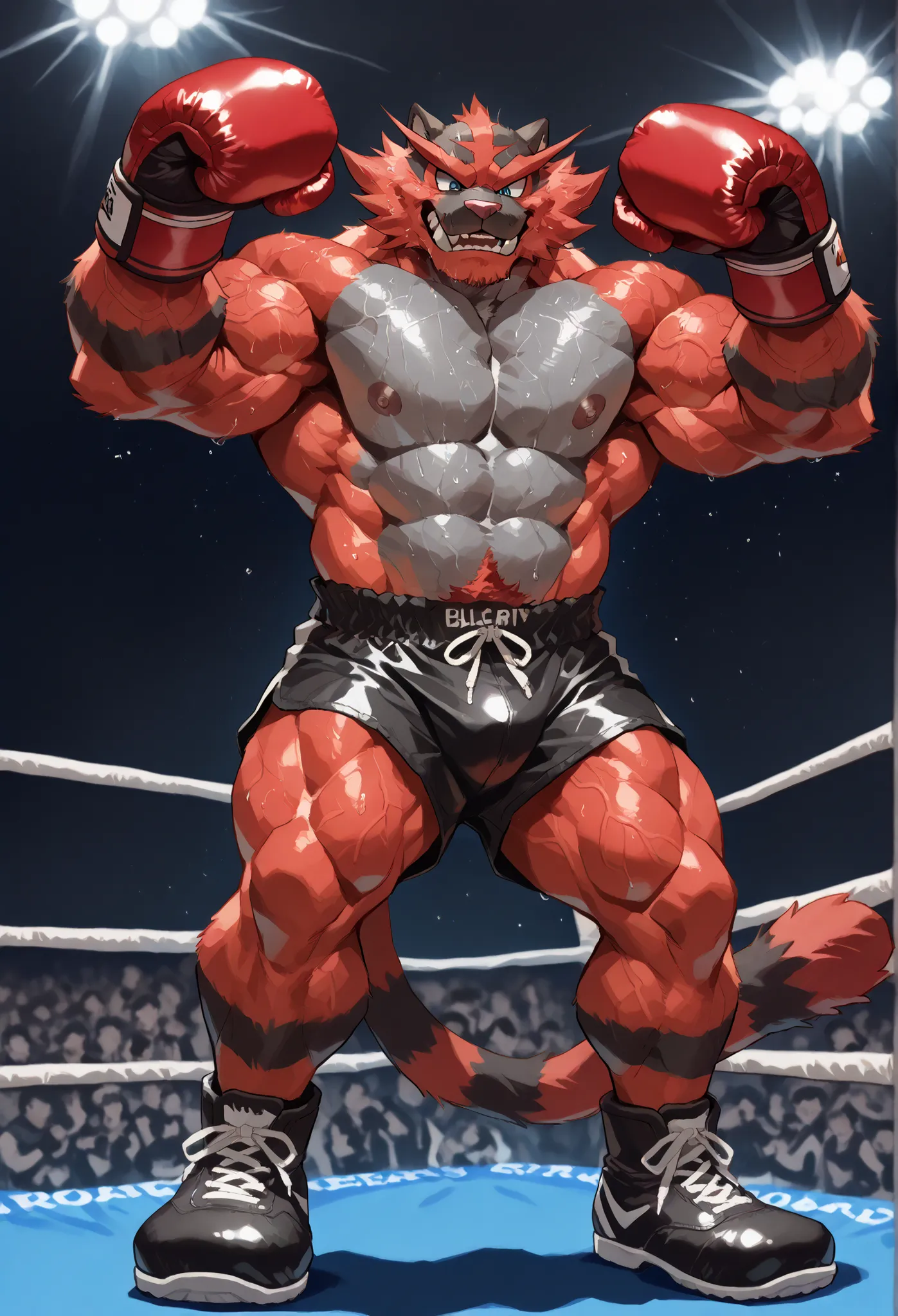 4K, masterpiece quality, pov_boxing, wildly Looking down on the losers, black boxing shoes, red boxing gloves, black boxing shorts with gold embrems, bulge, full body, depth of field, boxing, wildly posing with his chest out, fist pump pose with arms risin...