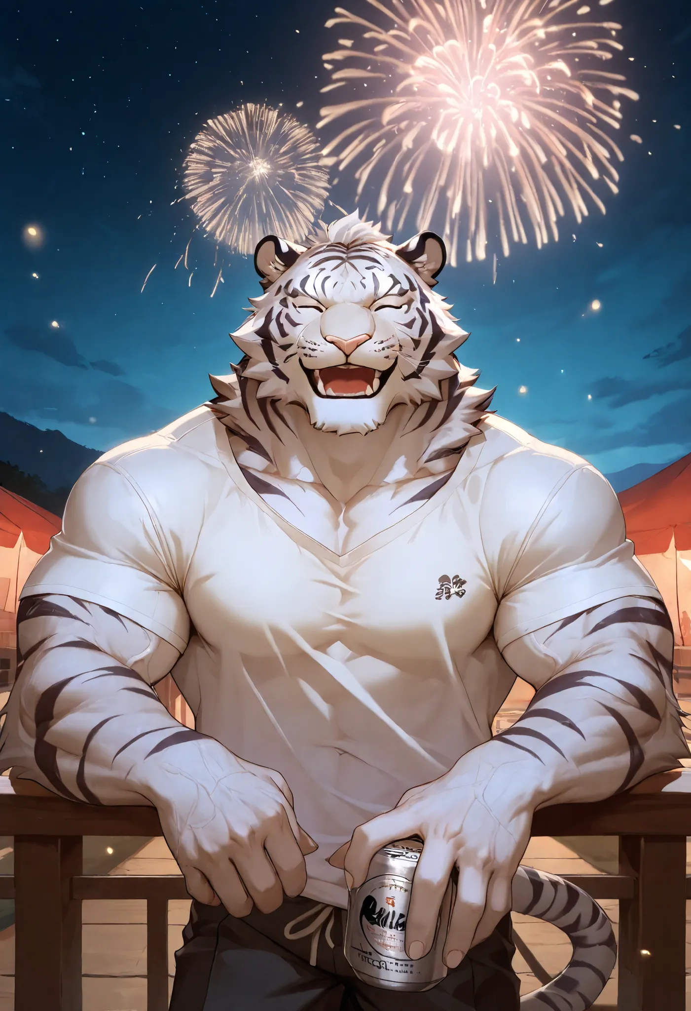 Best quality, masterpiece,ultra high res,detailed background,realistic, real shadow and light,depth of field, looking at the viewer, strong arm and veins, Close up, there is a male white tiger, solo, alone, (white tiger), commission for high res, bare ches...