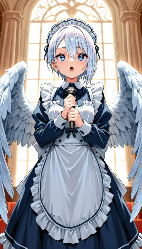 (((Best quality, 8k, Masterpiece: 1.3)), ((best quality)), ((masterpiece)), (detailed), perfect face, A maid girl with white short hair, she looks at me, gaze, A blue maid costume with frills. She serves at the royal court, high resolution, Textured skin, ...