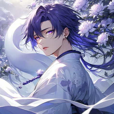 "super detailed, Ultra HD anime-style illustrations of long male characters, demonstration pussy, drawn with silky highlights and a realistic texture. his pierced eyes、shines with an enchanting mix of deep violet and icy blue, deep sorrow and longing. His ...