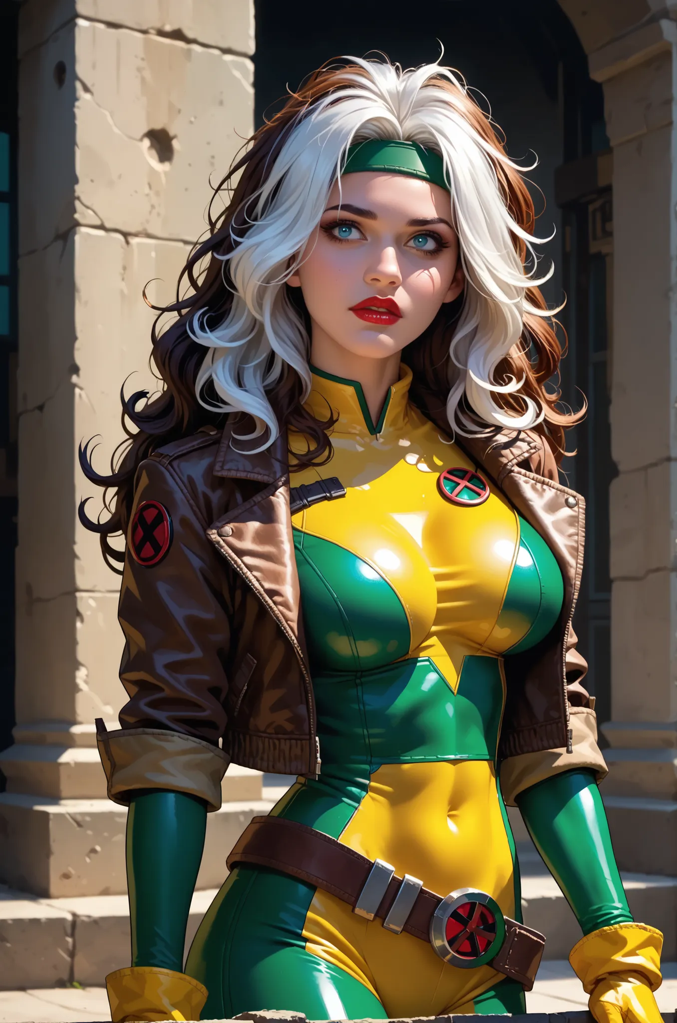 CARTOON_X_MENs_Rogue,full body, ownwaifu, long hair,breasts,brown hair,blue eyes,lipstick,makeup,lips,white hair,two-tone hair,headband,wavy hair,large breasts,messy hair,curly hair,big_hair, yellow bodysuit,jacket,gloves,belt,yellow gloves,green bodysuit,...