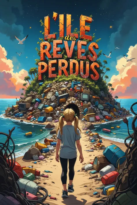 A whimsical, vibrant illustration featuring the title : “L'ILE des REVES PERDUS” made in recycled waste, garbage damaged letters in a grunge, gross, cartoon font, this title on top of a nasty polluted island hill of trash, a dirty ocean around filled with ...