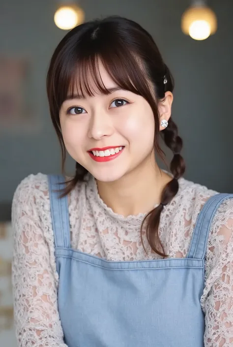 A neat and clean young woman、 long sleeve blouse、necklace、and look at the camera、 smile showing teeth、ear piercing、upper body、Background is in a room、