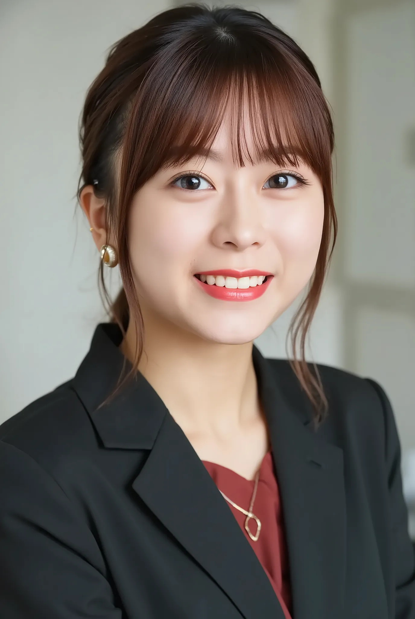 A neat and clean young woman、office lady suit、jacket、shirt、necklace、and look at the camera、hairstyle shortcuts、 pale brown hair、 smile showing teeth、ear piercing、upper body、Background is in a room、
