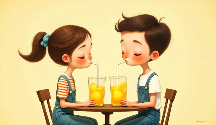 whimsical art style, pop surrealism, emotional art, A couple drinking lemonade from one glass, through straws; both the girl and the boy are tall and thin, with slightly large heads. She is wearing a striped top and a dungaree, while he is in a white t-shi...