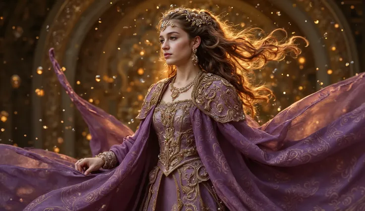 Young Byzantine empress in three-quarter position, elegant and imposing silhouette with regal bearing. She wears elaborate imperial costume of purple silk with gold embroidery in complex geometric patterns, flowing fabrics creating dramatic visual movement...