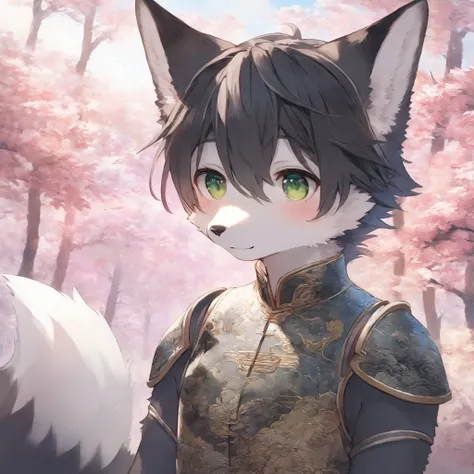 fox MLAE BLACK , kemono , furry , Chinese style , forest , BLACK hair , green eyes , two fluffy tails , cute , Iron color CHINA armor, Watertight eyes , "highly detailed, soft light, anime style, pastel colors" slim . male Maturity , 30 age , black fur