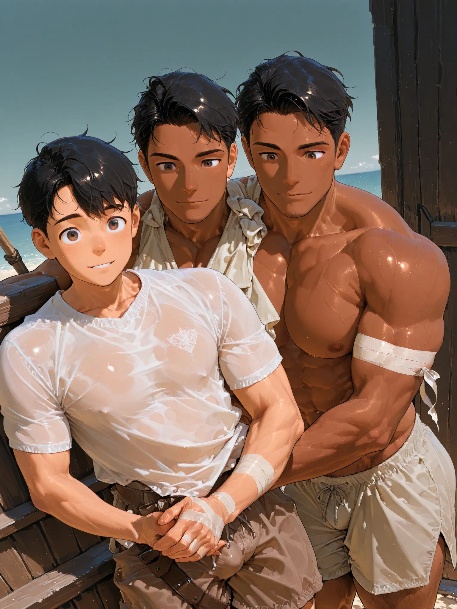 8K,high image quality、High Quality、masterpiece、is anatomically correct、accurate human body、perfect face、detailed eyes、5 Fingers,
Medieval Fantasy、Clear skies、sea、Wooden Ship 、blue sky、
1boy,solo,r、shota man,brown skin、toned body while cooking、black hair、sh...