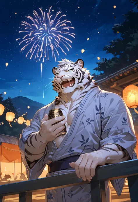 Best quality, masterpiece,ultra high res,detailed background,realistic, real shadow and light,depth of field, looking at the viewer, strong arm and veins, Close up, there is a male white tiger, solo, alone, (white tiger), commission for high res, bare ches...