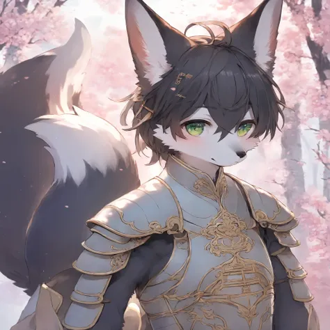 fox MLAE BLACK , kemono , furry , Chinese style , forest , BLACK hair , green eyes , two fluffy tails , Iron color CHINA armor, Watertight eyes , "highly detailed, soft light, anime style, pastel colors" , male Maturity , 30 age , black fur