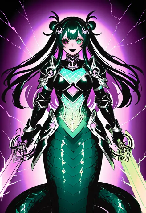 Lamia style girl. Centipede body. Black snake. Green scale pattern. Black fang-shaped hair ornament. Armor knight. Bright hair. Long hair. Asymmetric eyes. Snake eyes. Snake skin face. Anchor charm on collar. Black armor. Purple decoration. Holographic cra...