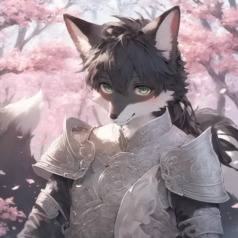 fox MLAE BLACK , kemono , furry , Chinese style , forest , BLACK hair , green eyes , two fluffy tails , Iron color CHINA armor, Watertight eyes , "highly detailed, soft light, anime style, pastel colors" , male Maturity , 30 age , black fur