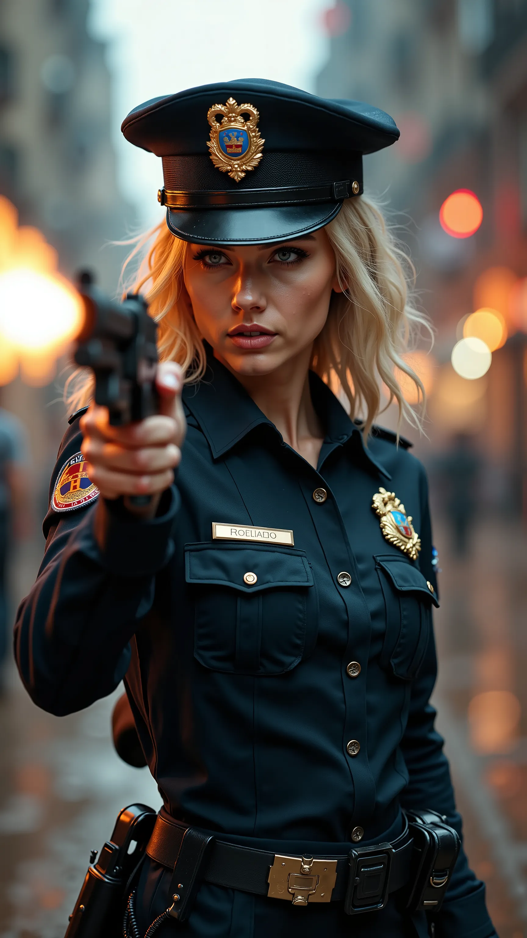  in high-definition images，Strange resolution ,  high res, (masterpiece: 1.4),  super detailed , Blond haired young woman dressed as a police officer, Street Fight ,  sticks out in front of her body and shoots a machine gun。