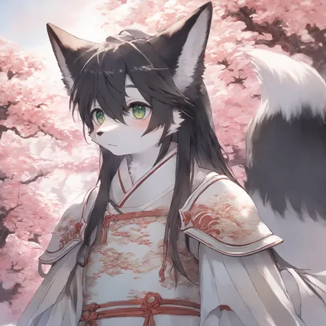 fox MLAE BLACK , kemono , furry , Chinese style , forest , BLACK hair , green eyes , two fluffy tails , Iron color CHINA armor, Watertight eyes , "highly detailed, soft light, anime style, pastel colors" , male Maturity , 30 age , black fur