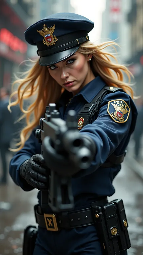  in high-definition images，Strange resolution ,  high res, (masterpiece: 1.4),  super detailed , Blond haired young woman dressed as a police officer, Street Fight ,  sticks out in front of her body and shoots a machine gun。
