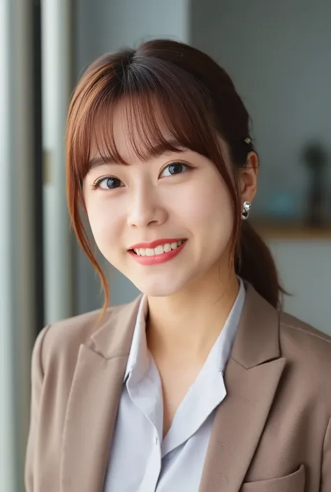 A neat and clean young woman、office lady suit、jacket、shirt、necklace、and look at the camera、hairstyle shortcuts、 pale brown hair、 smile showing teeth、ear piercing、upper body、Background is in a room、