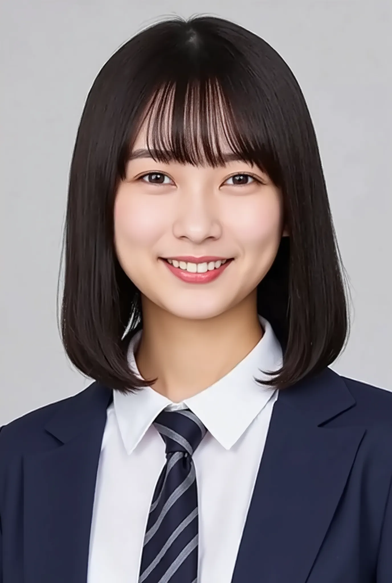 A smiling girl look like model, short black hair, 、歯を見せた笑顔、wearing a modern business jacket and tie,  facing the camera directly, head-on view, upper-body shot, centered composition, studio lighting, ultra-sharp, professional quality