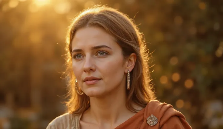 Middle-aged Hellenistic woman in three-quarter close-up, with an expression of serene wisdom. Soft wrinkles show life experience, deep-set and thoughtful eyes. She wears a simple chiton in earthy tones with a discreet brooch representing a Stoic symbol. Go...