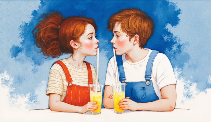 whimsical art style, inspired in Kate Forrester style, A couple drinking lemonade from one glass, through straws; both the girl and the boy are tall and thin, with slightly large heads. She is wearing a striped top and a dungaree, while he is in a white t-...
