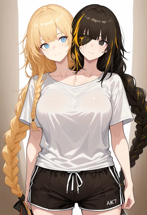 conjoined, 2girls, 2heads, two heads, a tall thin girl with 2 heads, m16a1(girls frontline), black hair, long hair, black eyes, streaked hair, yellow hair, bangs, braid, braided ponytail, eyepatch, mole, mole under eye, scar, scar on face, ak-47(girls fron...