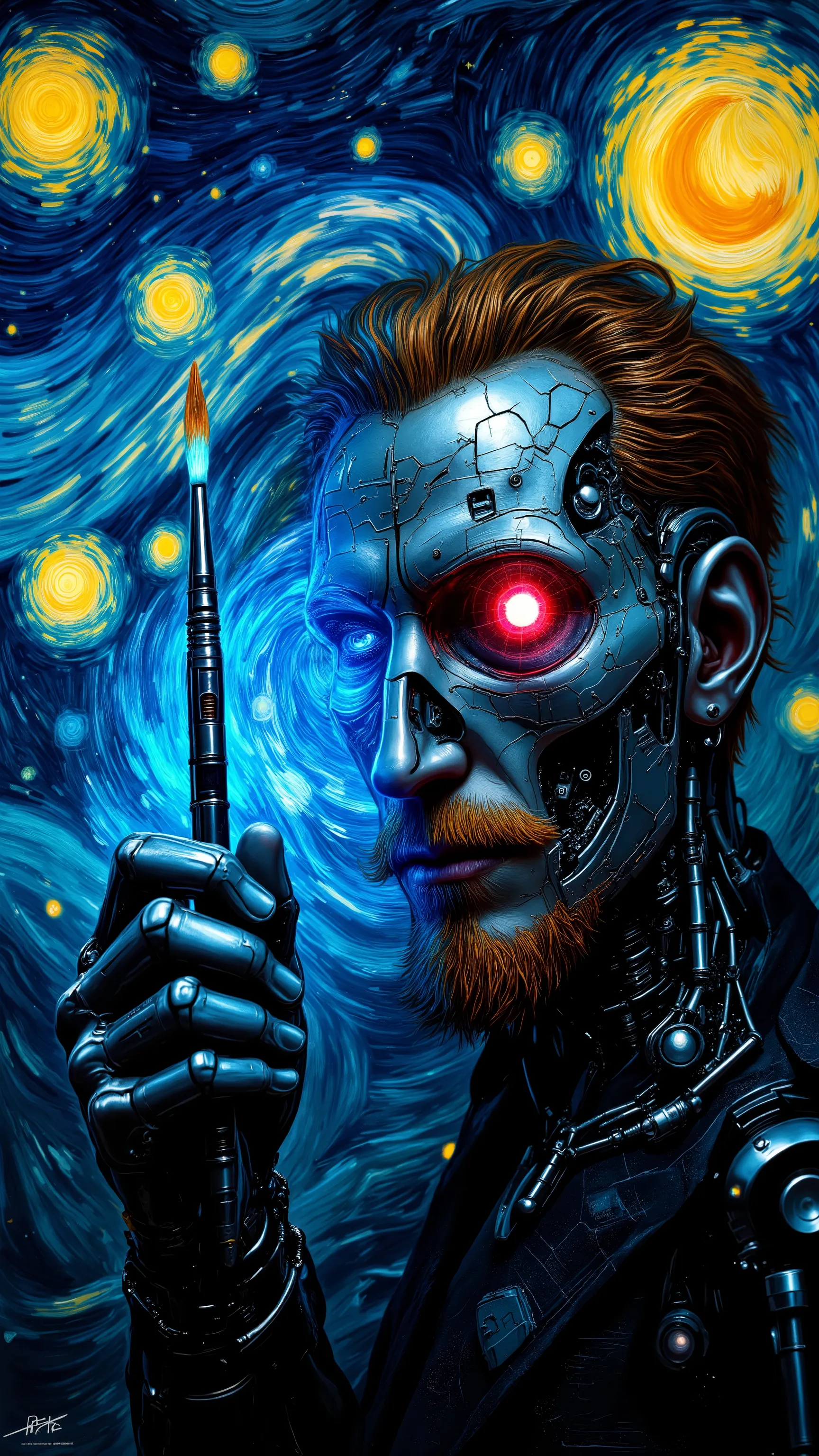 ULTRA-DETAILED cyberpunk Van Gogh masterpiece, merging post-impressionist brushwork with Terminator-inspired biomechanics. Vincent van Gogh’s face is vertically split — one side painted in thick impasto strokes of cobalt blue and ochre, other revealing chr...