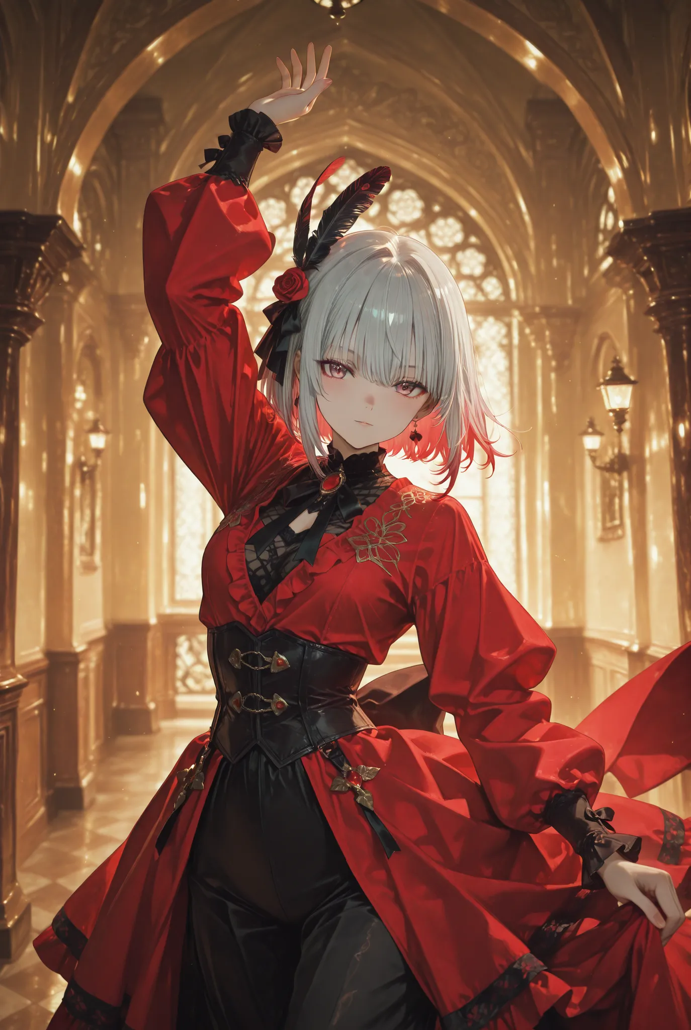 A silver-haired short-haired anime girl dancing at the Moulin Rouge, wearing red medieval-style costume with feather accessories, elegant and dynamic pose, detailed background, dramatic lighting, vibrant colors, anime art style