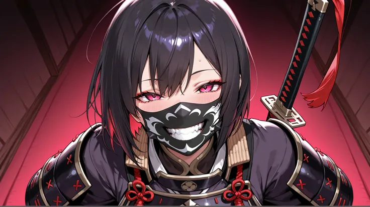crazy atmosphere、A Japanese woman with a smile、short hair、Armor、traditional Japanese armor face mask that covers the mouth and cheeks with a demon's mouth design、Draw your sword、sex、masterpiece、Highest Quality、8k